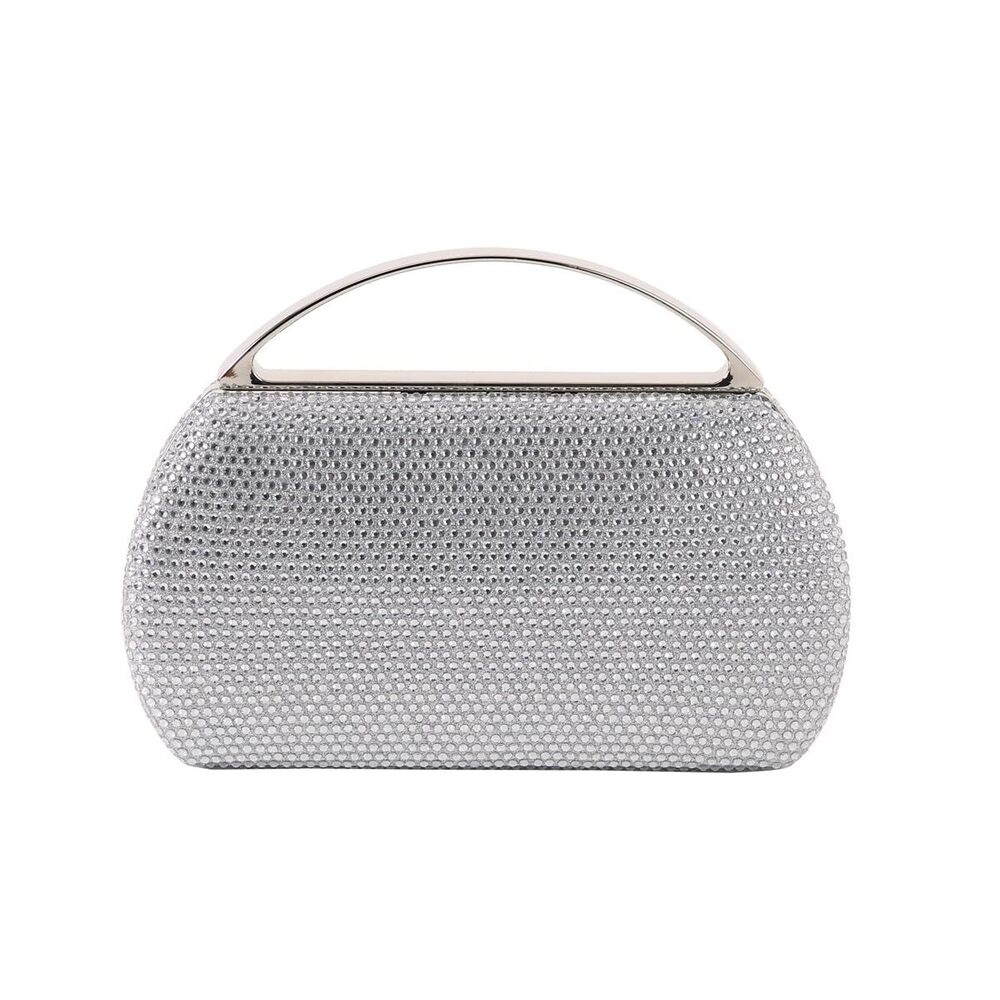 4554 Fashion Top Handle Rhinestone Beaded Evening Bag Clutch Handbag Silver